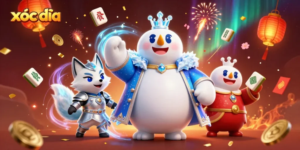xóc đĩa gameplay illustrated with a polar bear ice king and a snow fox, celebrating with casino elements
