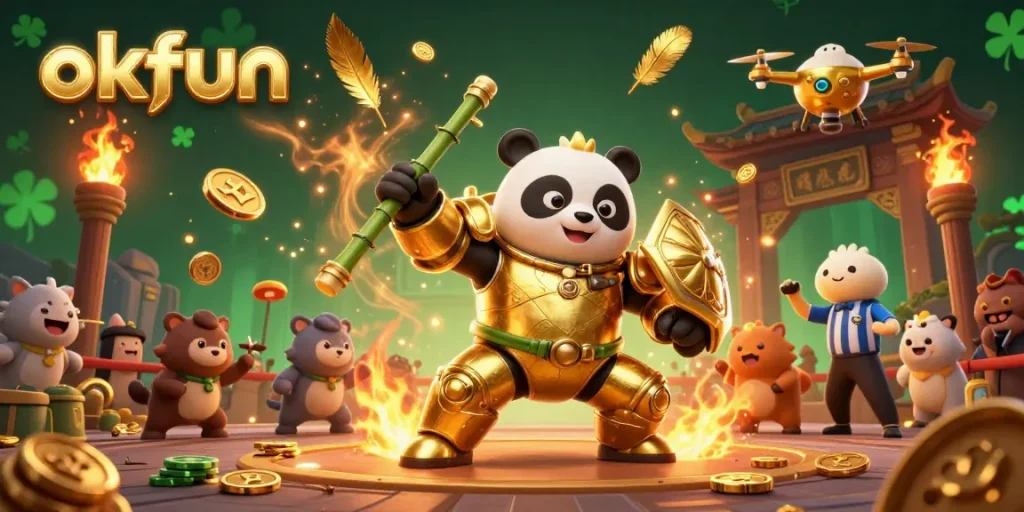 Experience action-packed gaming with okfun's mech-suit panda amidst vibrant casino elements.