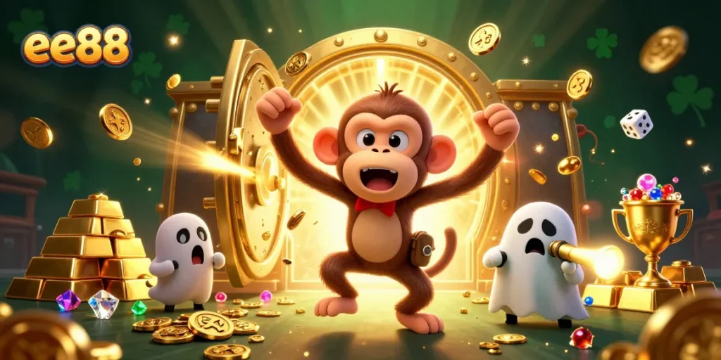 Experience the thrill at ee88, where the poltergeist monkey juggles golden treasures in an exciting casino scene.