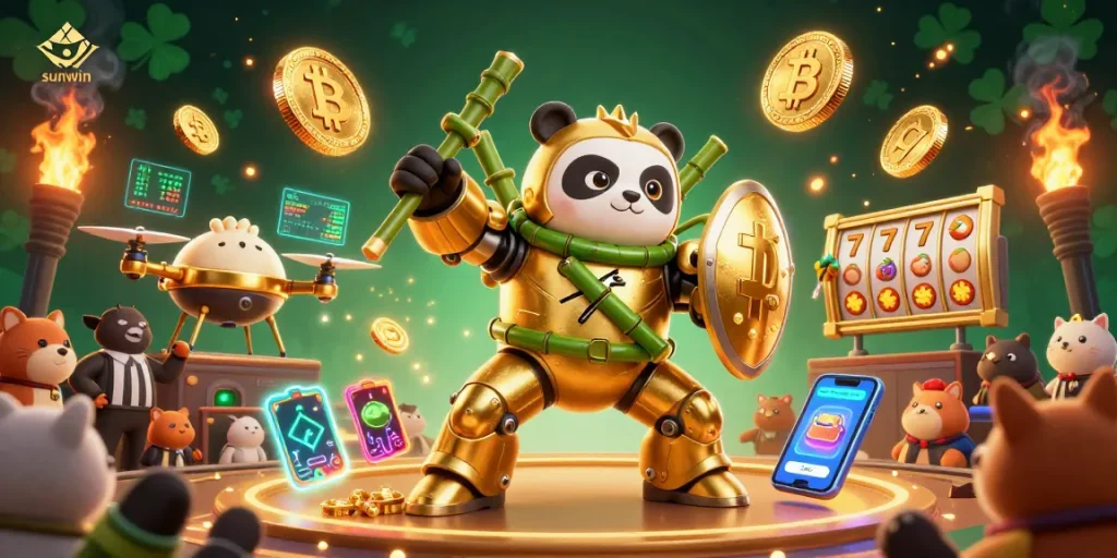 Join the fun at sunwin as a golden panda pilots a vibrant casino arena showcasing thrilling game elements.