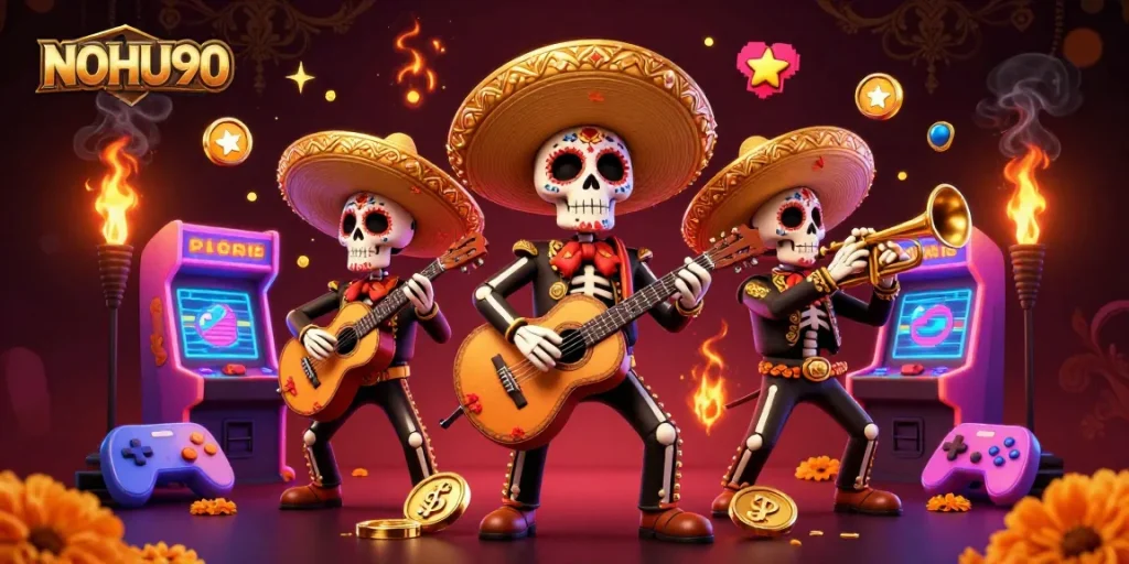 Experience the excitement of NOHU90 with vibrant mariachi characters and interactive gaming elements