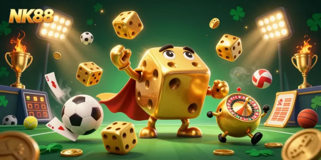 Win big with NK88 in this vibrant and dynamic 3D casino illustration featuring playful characters and gambling elements.