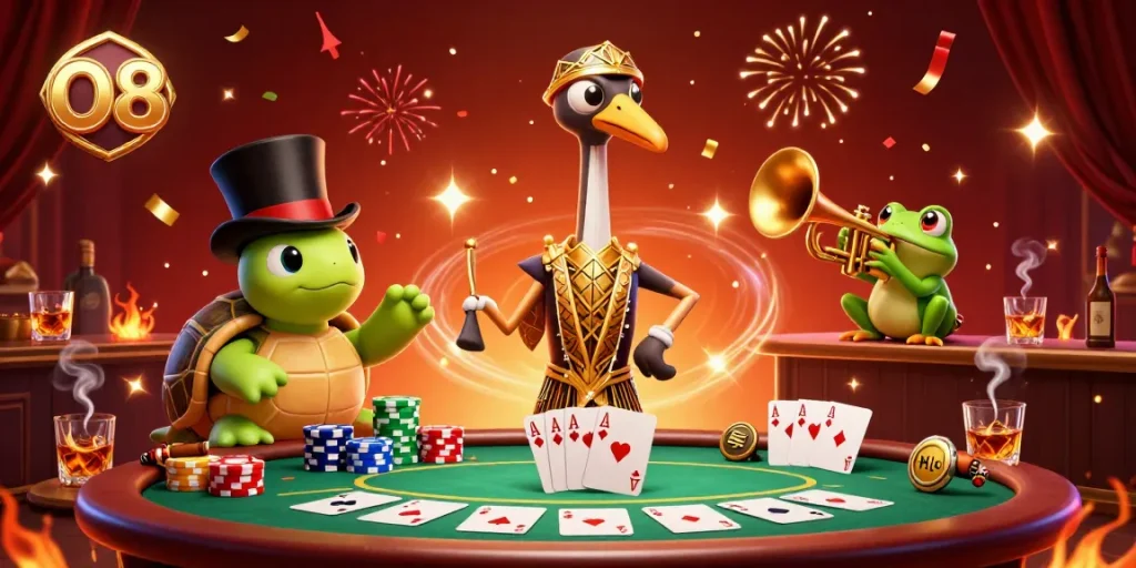 Engage in thrilling gameplay at O8 with a colorful casino scene featuring dynamic characters and poker elements.