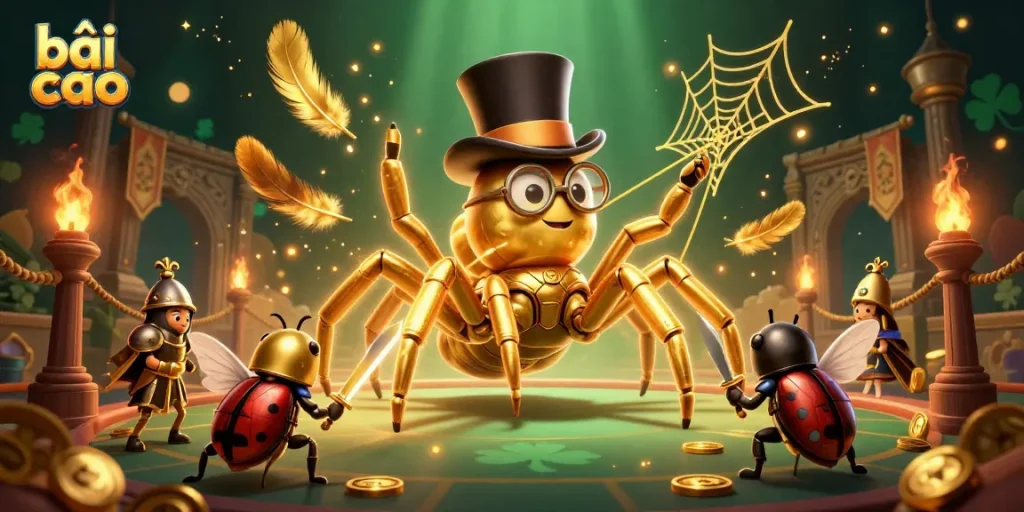 Join the thrilling action of bài cào as the brave knight approaches the golden tarantula in a vibrant casino scene.