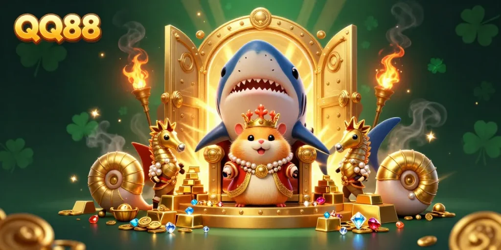Experience the thrill of QQ88 with a golden hamster king and lavish treasures in a vibrant casino scene.
