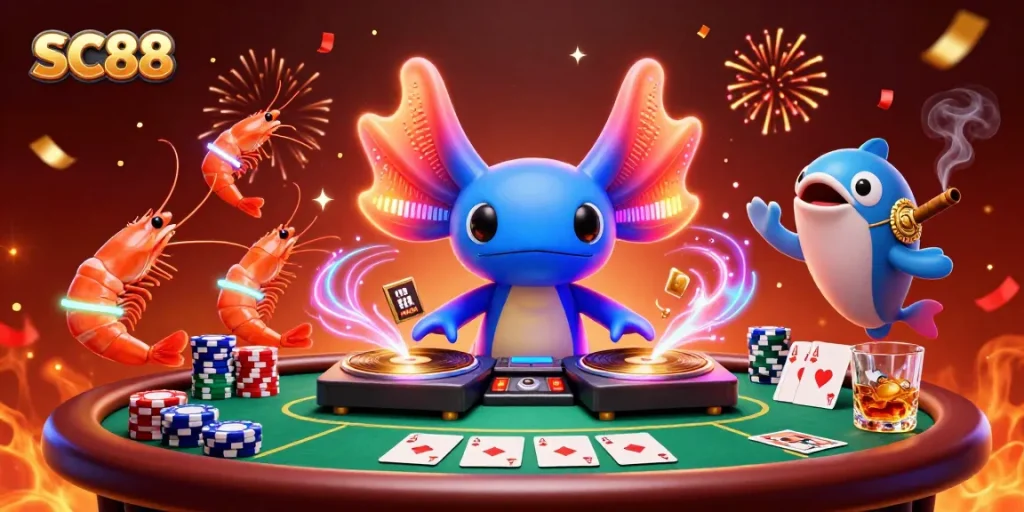 Experience dynamic gaming with SC88's vibrant casino atmosphere featuring colorful characters and poker elements.