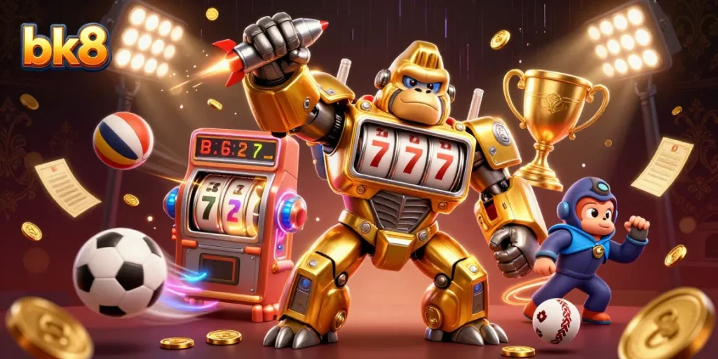 Experience exciting gameplay with bk8's golden gorilla mech and dynamic sports elements in a vibrant casino setting.