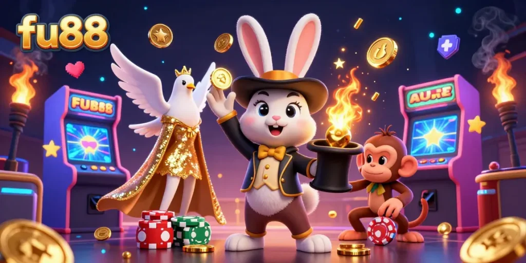Experience the magic of fu88 as the rabbit conjures coins amidst vibrant casino elements.