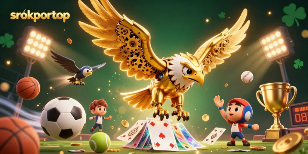 Engage with srokportop's dynamic sports betting scene featuring a cybernetic eagle and holographic cards.