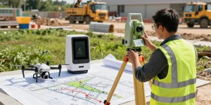 Topographical surveys in action, featuring surveyor using high-tech equipment at construction site.