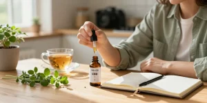 Person using canadian cbd isolate in a bright kitchen, emphasizing wellness and tranquility.