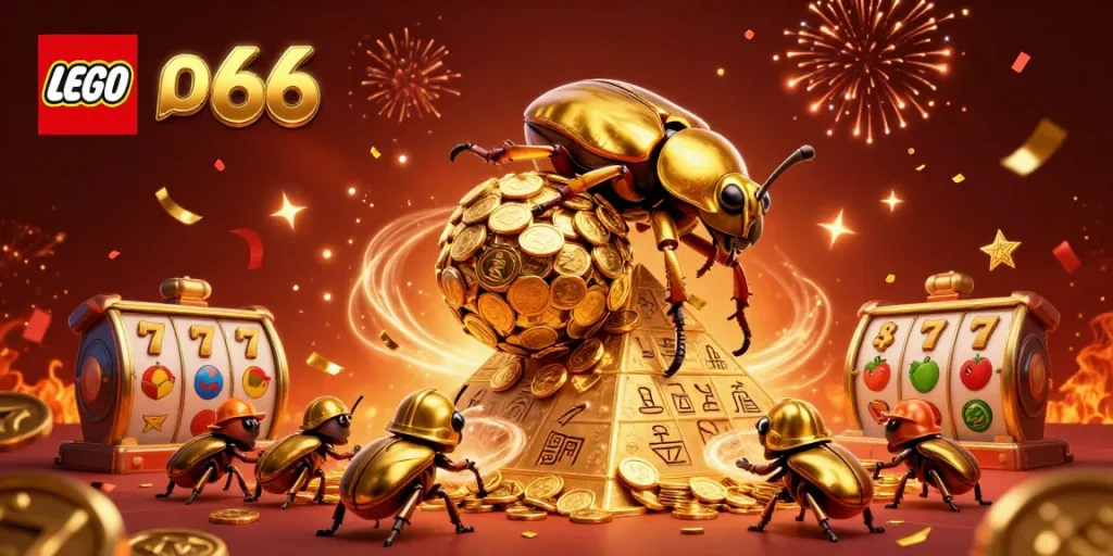 Play exciting games with Lego66's vibrant casino-themed illustration featuring golden symbols.