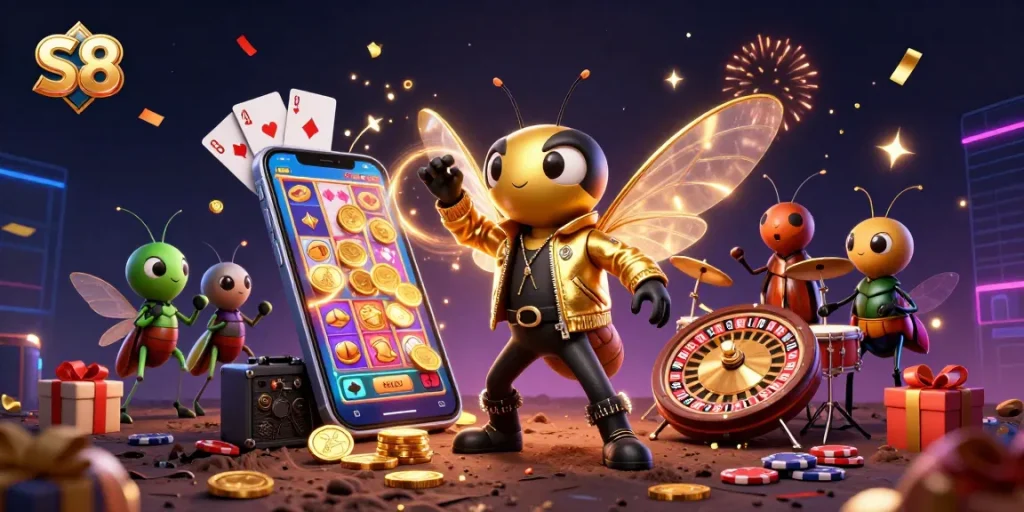 Win big at S8 with vibrant slots and exciting characters in an enticing casino scene