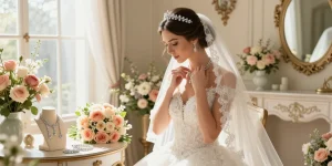 Bridal jewellery set showcased beautifully as the bride adjusts her necklace in an elegant wedding suite.