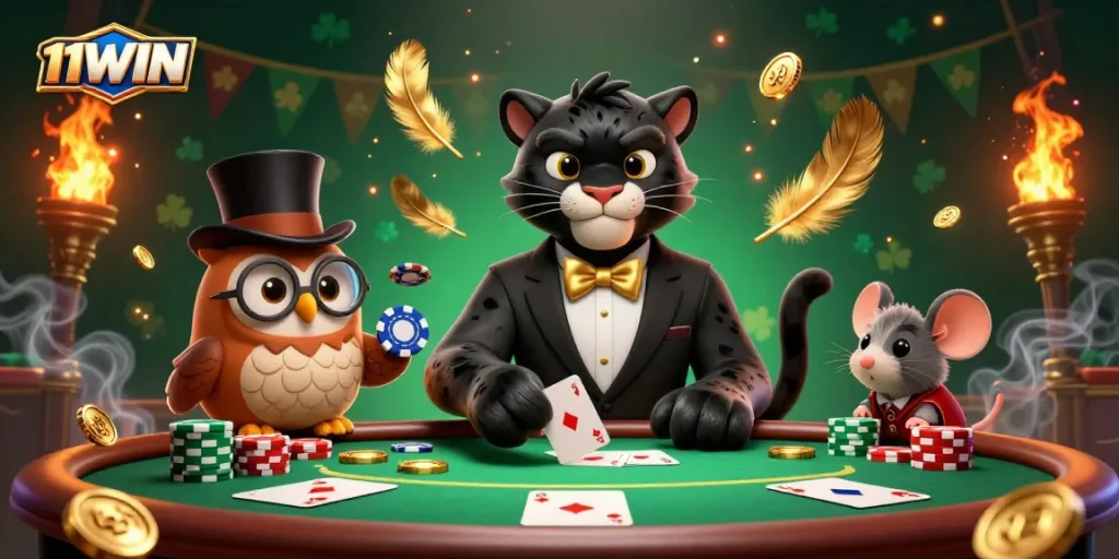 Engage in poker with 11WIN's stylish panther, owl, and lucky mouse in a vibrant, dynamic scene.