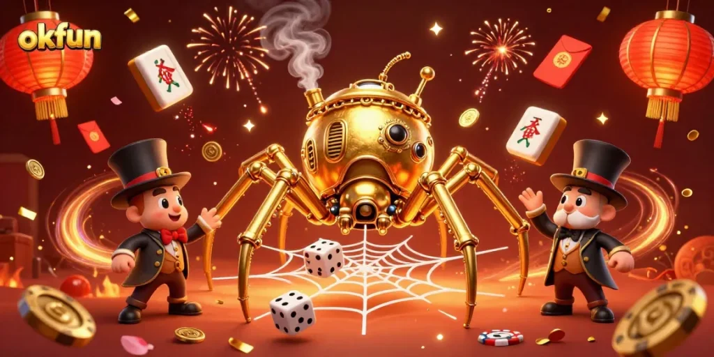 Engage in high-stakes play at okfun, illustrated with a steampunk spider and vibrant casino elements.