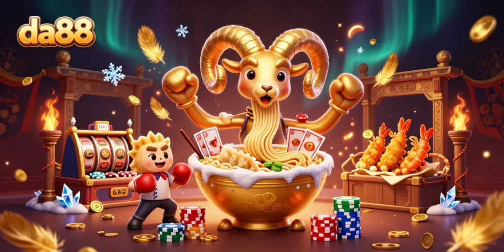 da88 showcases a vibrant casino scene with a golden ramen bowl character and dynamic game elements.