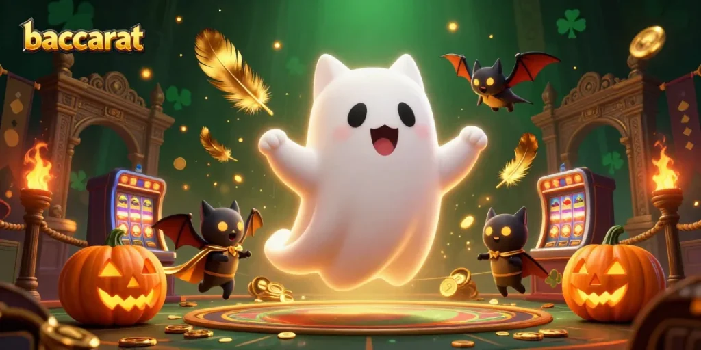 Players enjoy baccarat in a vibrant haunted casino full of spooky elements.
