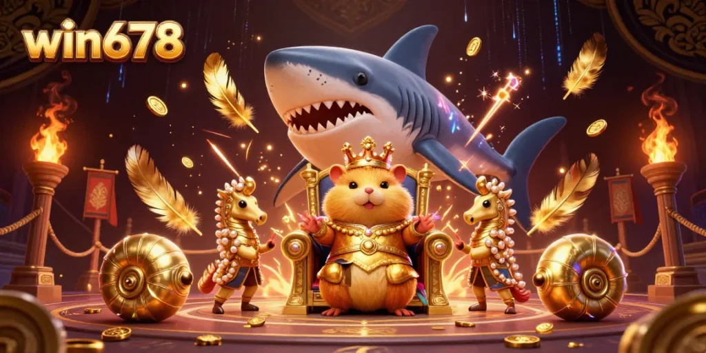 Experience the vibrant action at win678 with a golden hamster king in a dynamic 3D casino scene.
