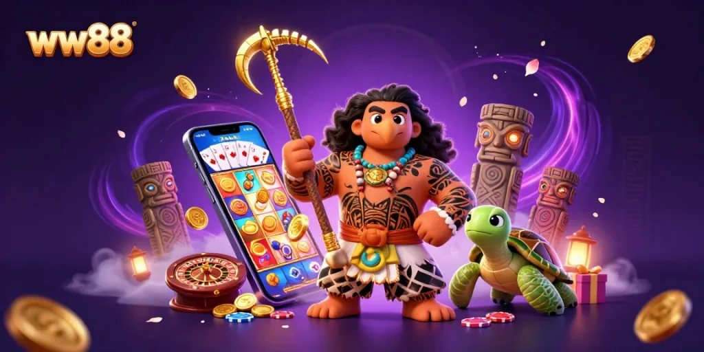 Engage with epic wins at ww88, showcasing a hawk demigod in a vibrant casino scene with slot games and treasure.