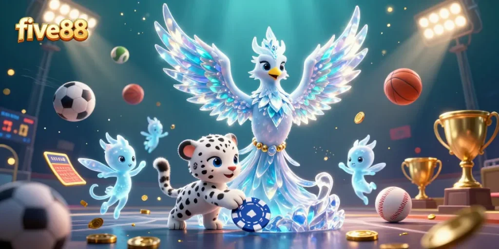 Experience winning moments with five88's dynamic ice-themed casino illustration including thrilling gaming elements.