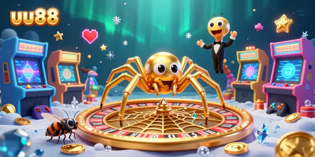 Experience the excitement of uu88 with a golden spider web roulette illustrated in dynamic casino action.