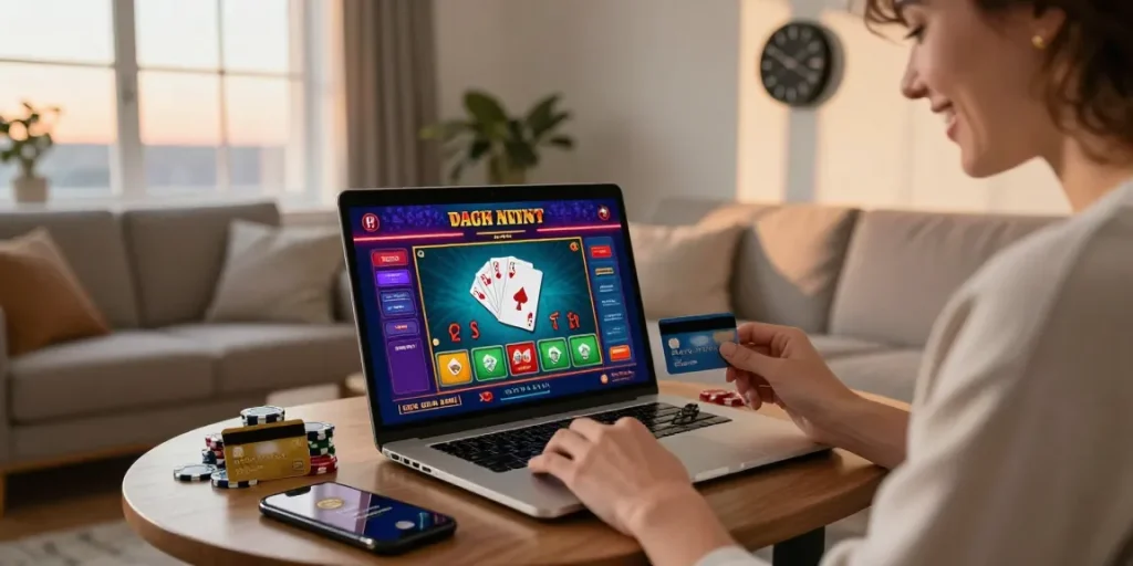 Player enjoying credit card casinos on a laptop in a cozy living room with credit cards and poker chips