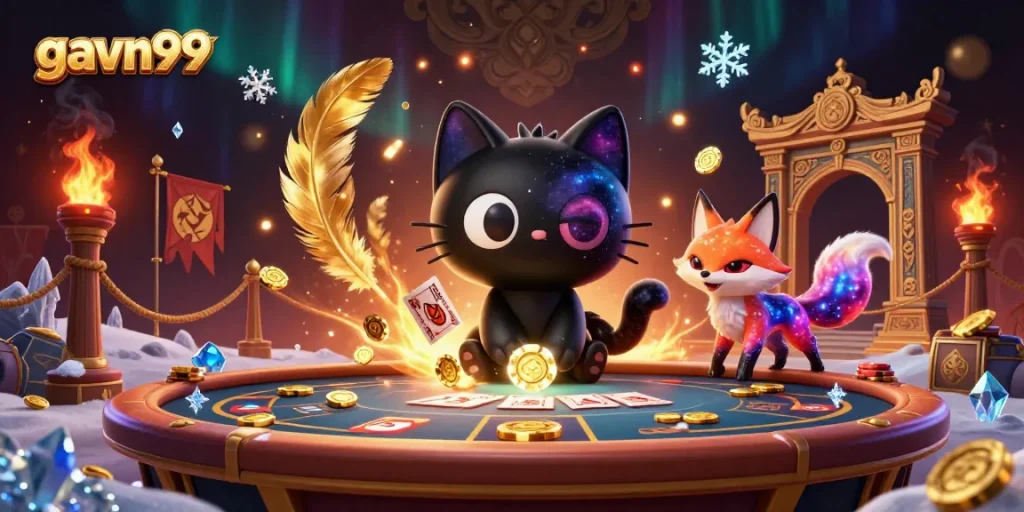 Experience the excitement of gavn99 as a cosmic cat and fox attract betting chips in this dynamic gambling scene.