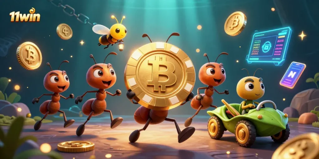Engage in thrilling 11WIN casino adventures with ants heisting a giant poker chip amidst vibrant crypto elements.