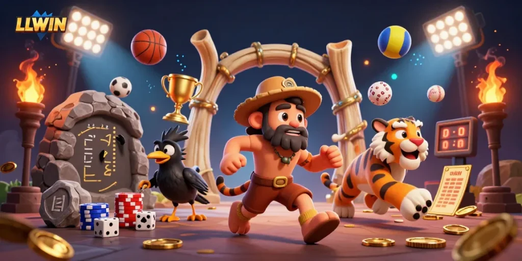 LLWIN casino illustration shows cartoon caveman and sabertooth tiger running a prehistoric game with sports balls and golden elements.