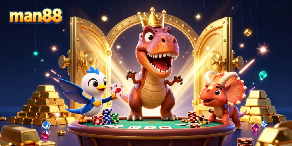 Experience man88's vibrant casino scene with T-Rex, card shuffling, and poker excitement.