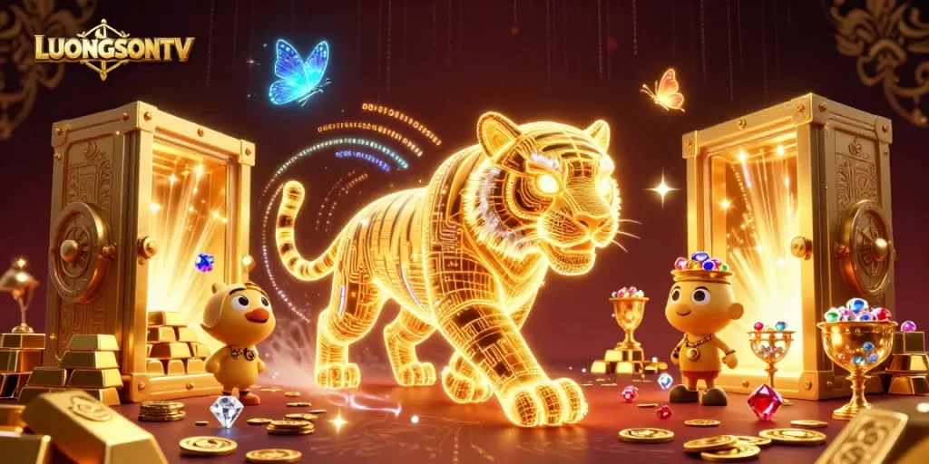 LUONGSONTV showcases a vivid digital casino scene with a golden tiger, jewels, and sparkle effects.
