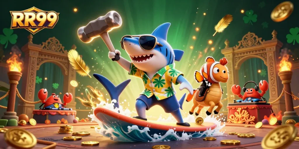 Experience excitement with RR99, where a shark champion rides coins in a vibrant casino scene.