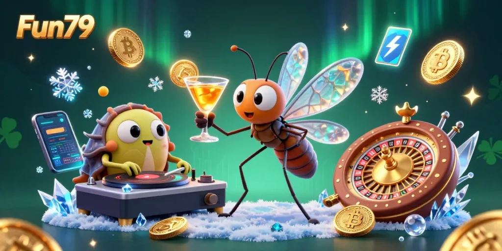 Experience thrilling gameplay at Fun79 with vibrant characters, spinning wheels, and crypto elements.
