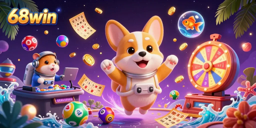 Watch the 68win astronaut corgi collect floating lottery balls and casino prizes in zero gravity fun.