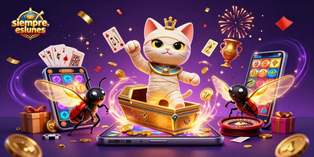 Experience the excitement of siempreeslunes with dynamic casino characters in a vibrant pyramid setting.