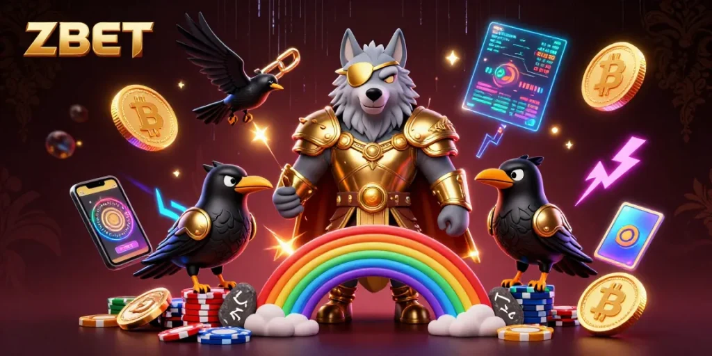 ZBET showcases an enchanting 3D casino scene with unique characters and crypto elements to engage players.