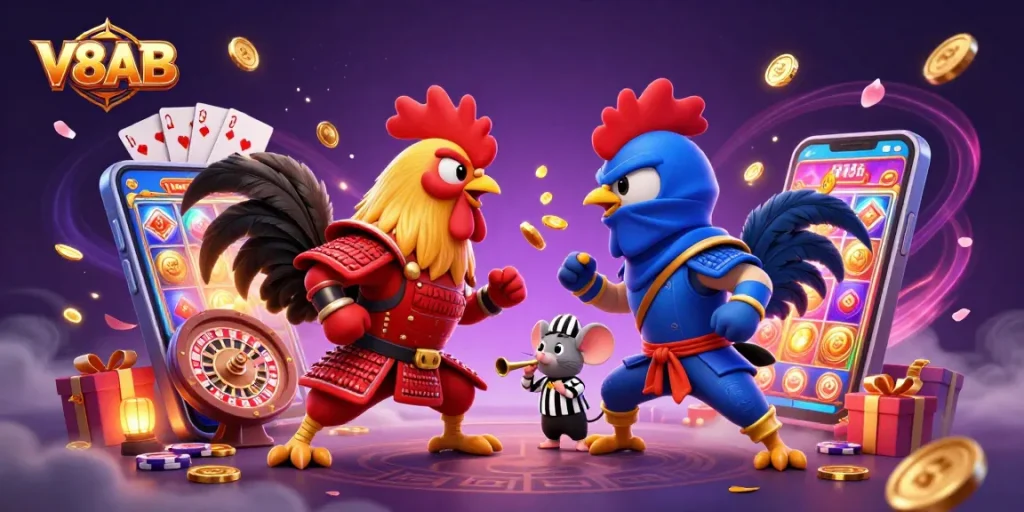 V8AB features a spectacular showdown between a samurai rooster and a ninja rooster amidst vibrant casino elements.