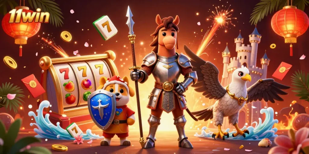 Experience exciting gameplay with 11WIN as our knight ventures into a vibrant casino world filled with slot reels and golden treasures.