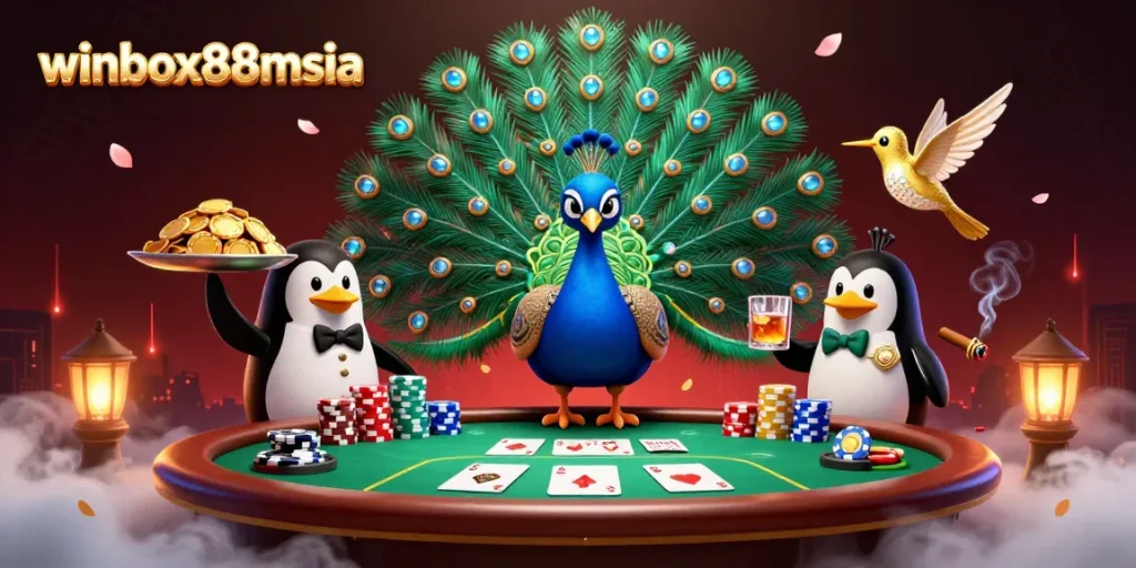Experience the vibrant action at winbox88msia with festive characters, poker elements, and dazzling game features.