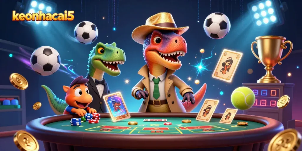 Join keonhacai5 for a thrilling blackjack showdown with dinosaurs and sports action!