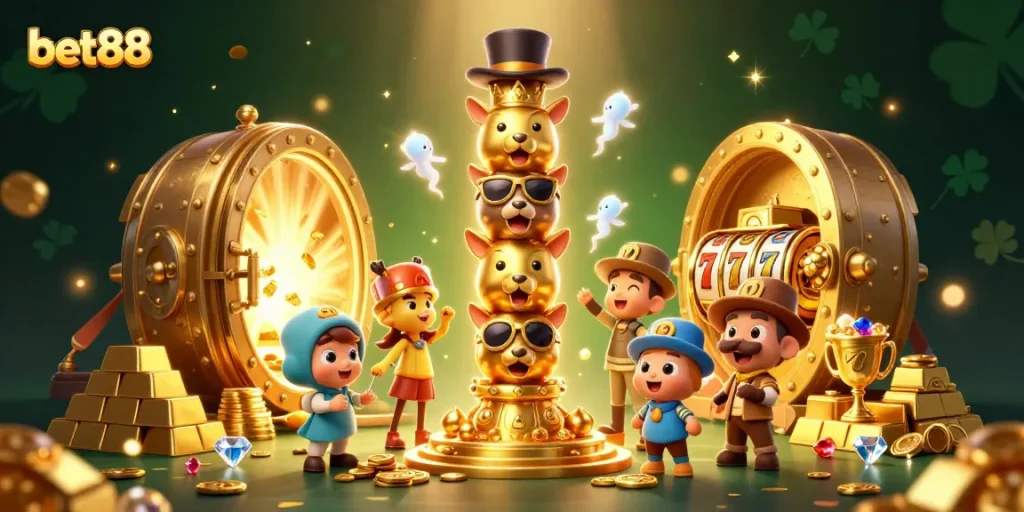 Witness the thrilling moments at bet88 online casino with vibrant slot games showcasing gleaming treasures.