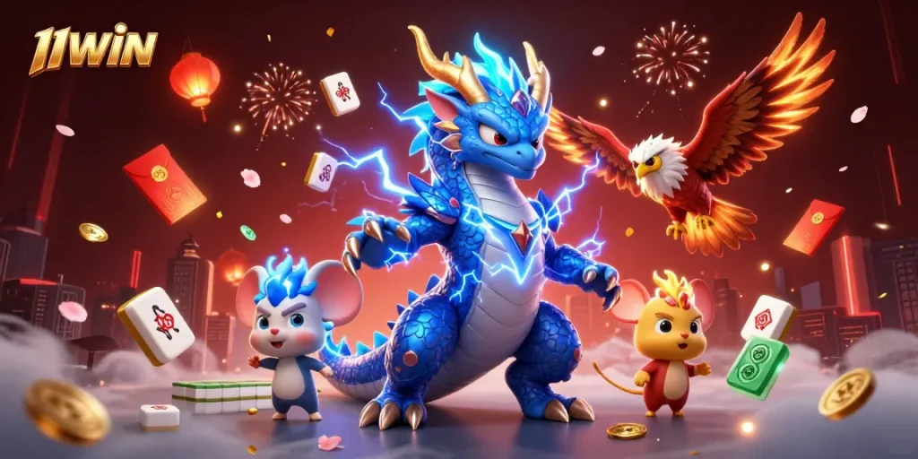 11WIN presents an electrifying gaming scene featuring dynamic casino elements and vibrant characters.