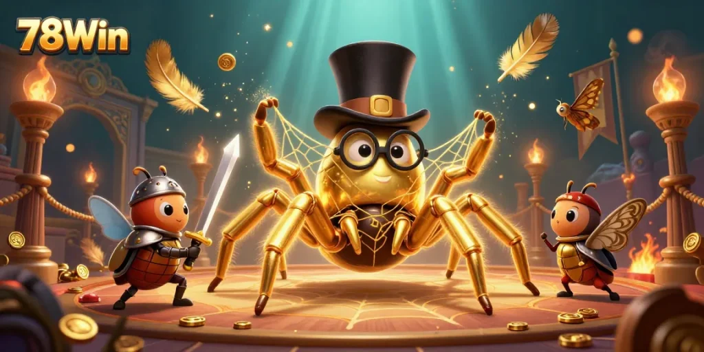 Experience thrilling gameplay at 78Win with a dynamic 3D casino illustration of a golden tarantula weaving a web of winnings.
