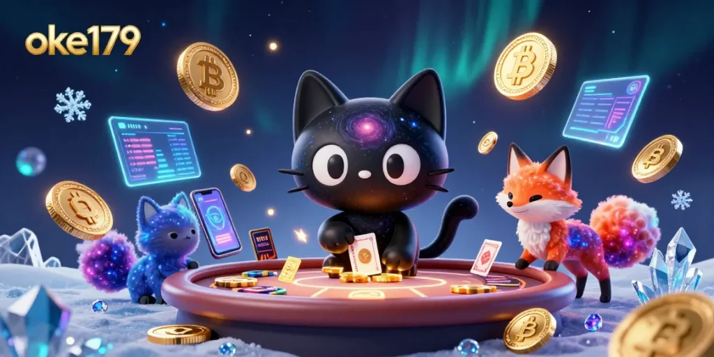 Spin the reels of fortune at oke179, where a cosmic kitty grabs golden chips and cards!