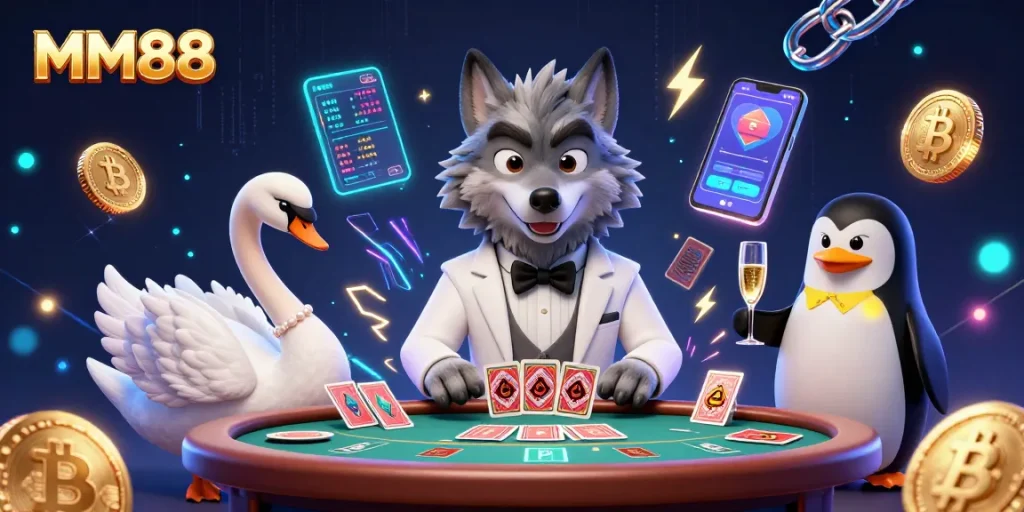Experience the thrill of MM88 with charming characters at a vibrant casino scene filled with crypto elements.