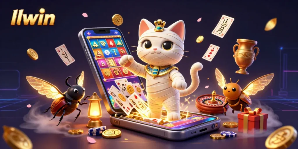 Experience thrilling gameplay with llwin’s 3D cartoon mummy cat and pyramid casino elements.