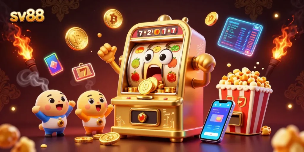 Experience sv88's exciting jackpot moments with a lively golden slot machine illustration bursting with coins.