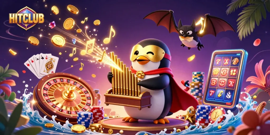 Engage in HITCLUB's thrilling slot games with dazzling golden coins and vibrant 3D elements.