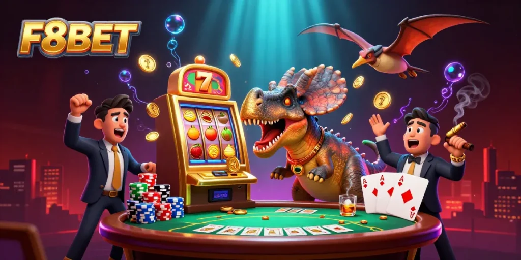 F8BET captures thrilling jackpot moments with vibrant dinosaur characters in a casino scene.
